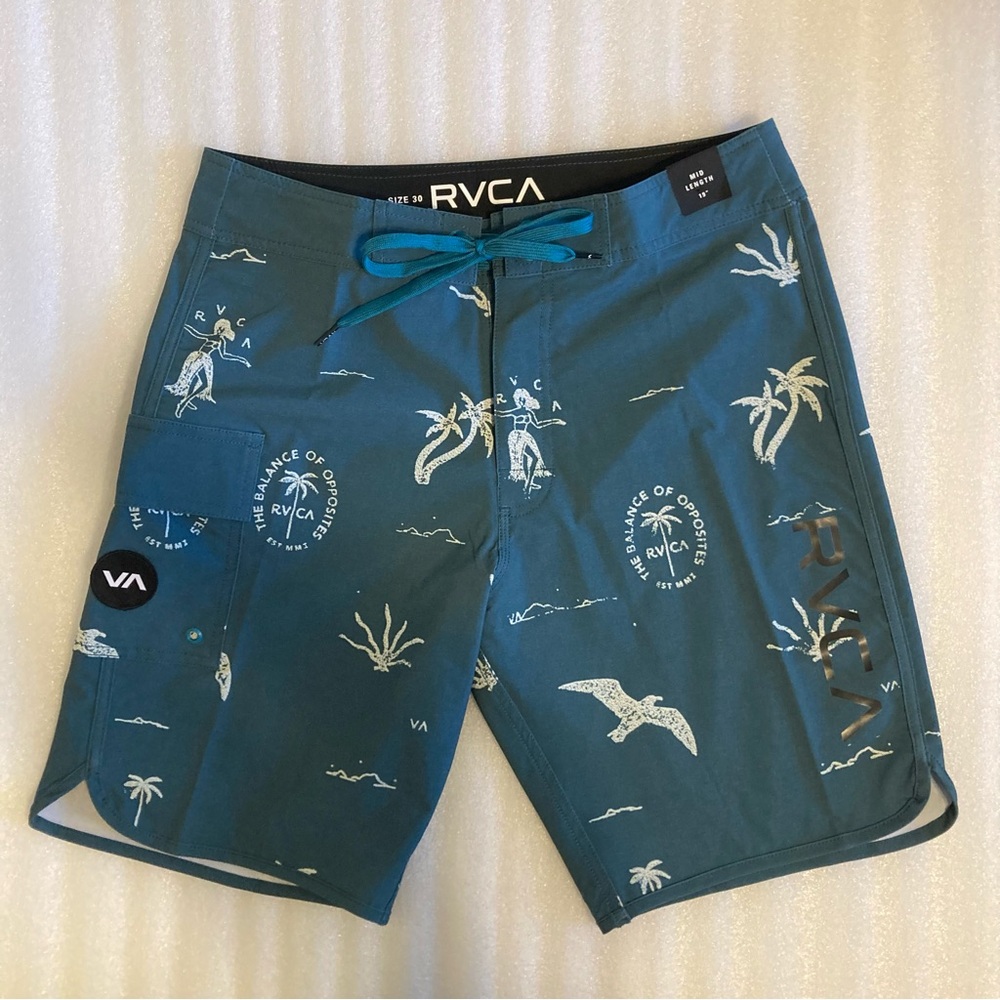 RVCA Teal Blue Palm & Surf Print Swim Board Shorts Size 30 Waist